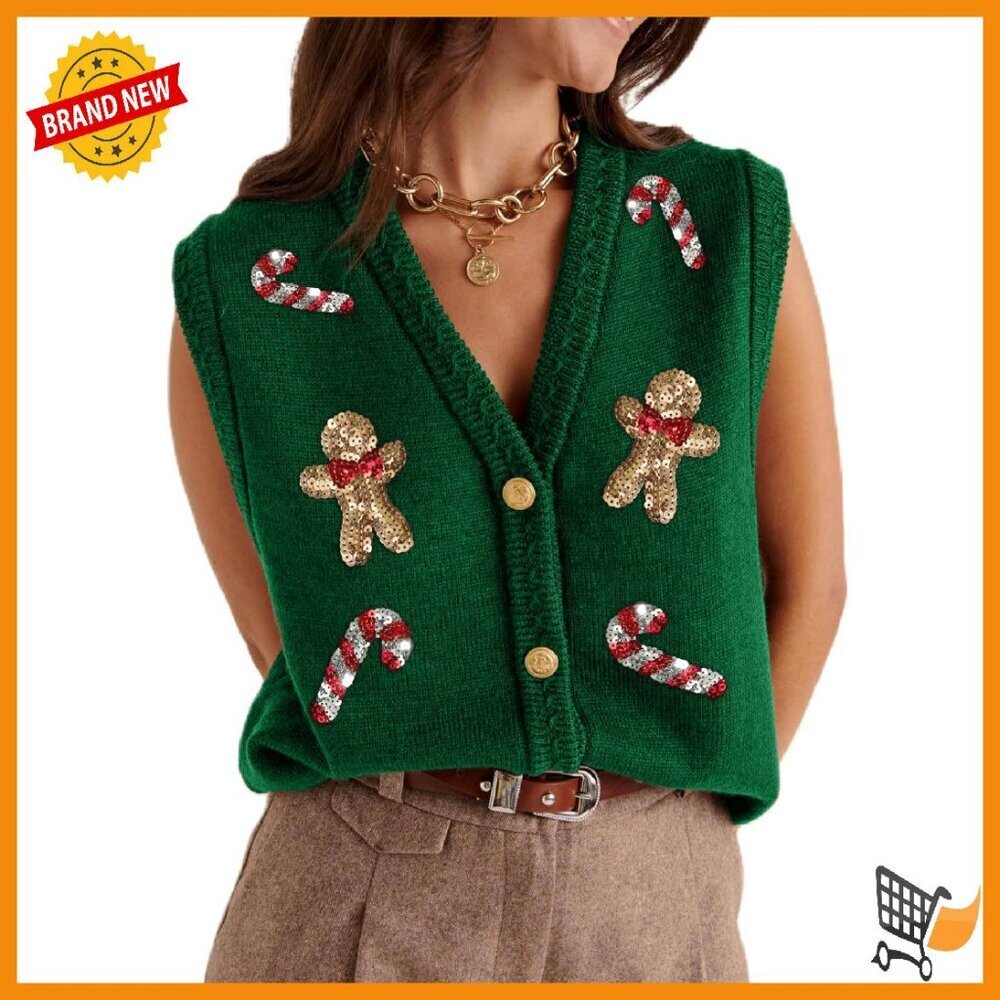 Women's Christmas Knit Vest V-Neck Sequin Embroidered Sleeveless Cardigan